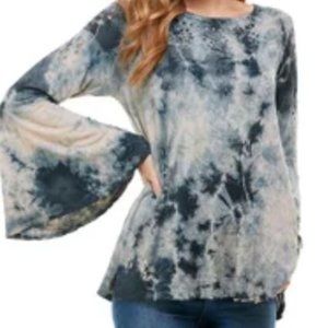 NWOT T - Party Bell Sleeve Tie Dye Black & Beige Top